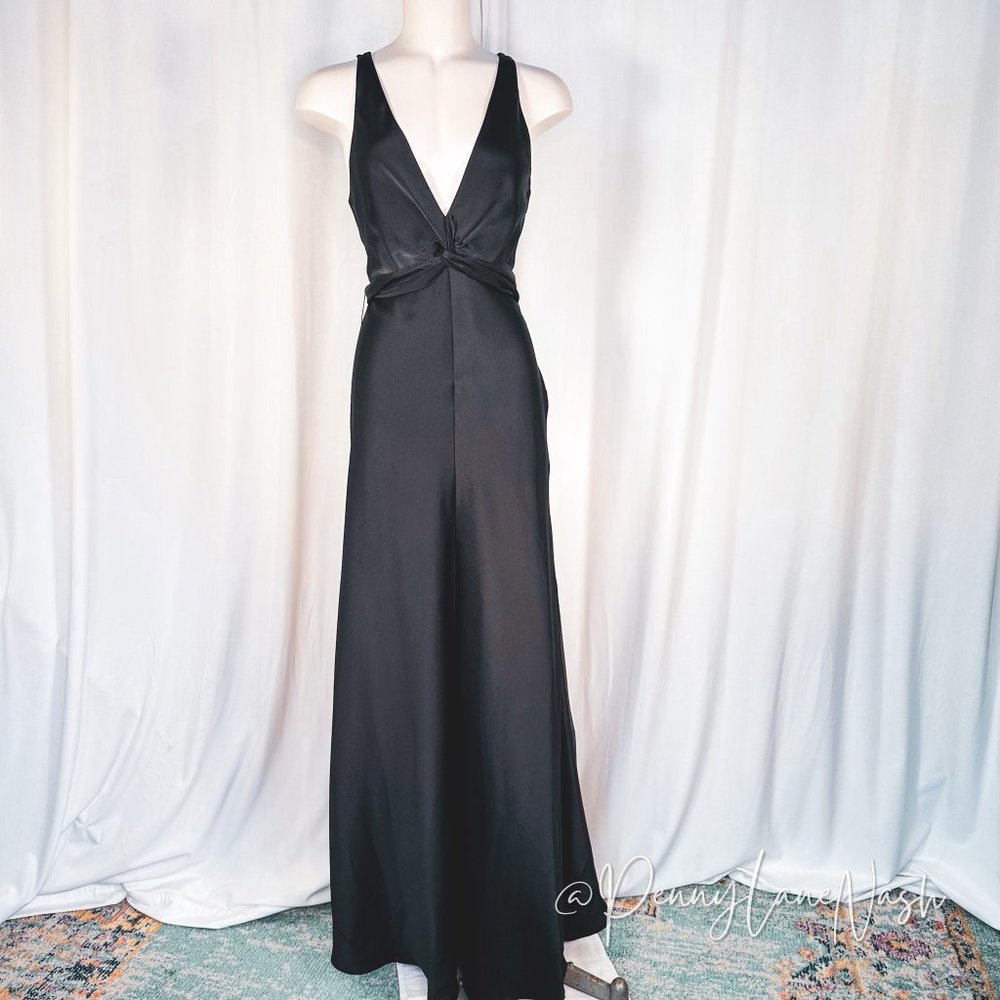 BCBGMaxAzria Black Satin Plunge Twist-Waist Wedding Gown